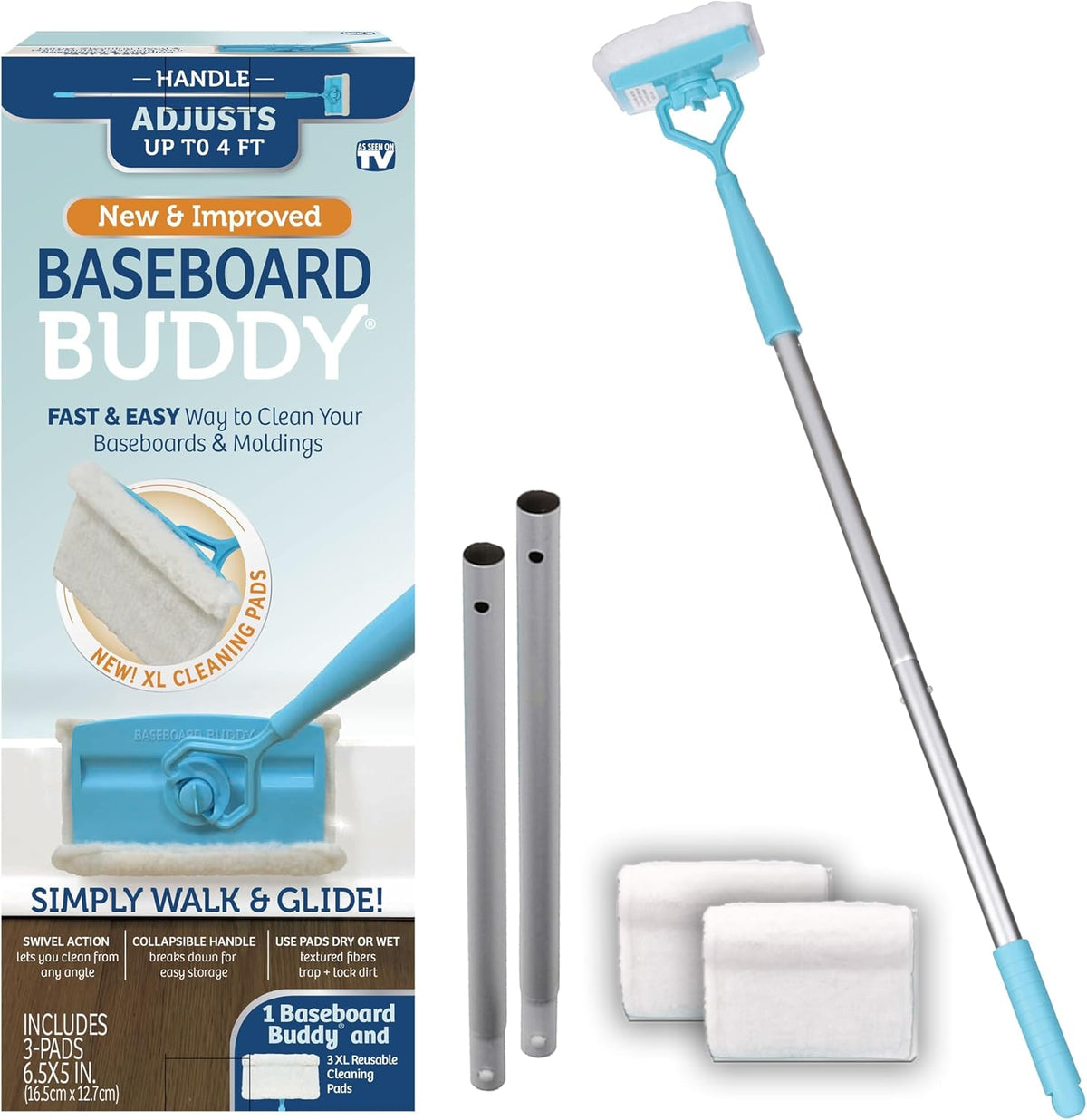 Lightweight Home Cleaning Essential, Perfect for Baseboards, Moldings & Walls, Glide & Wipe Trapping & Locking Dirt & Dust | As Seen on TV, (1 & 3 Reusable Pads)
