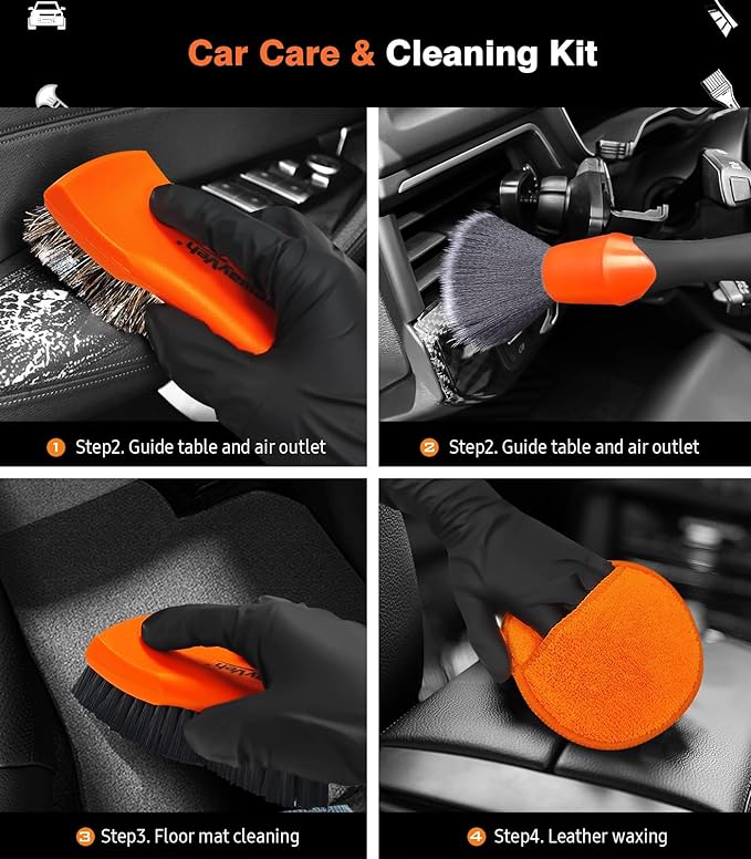 YeewayVeh 7PCS Car Interior Detailing Kit, Horse Hair Leather Brush for Car Seat, Carpet Brush, Soft Car Detailing Brush, Microfiber Towels & 2 Wax Applicator Pads, Car Interior Care Kit, Orange