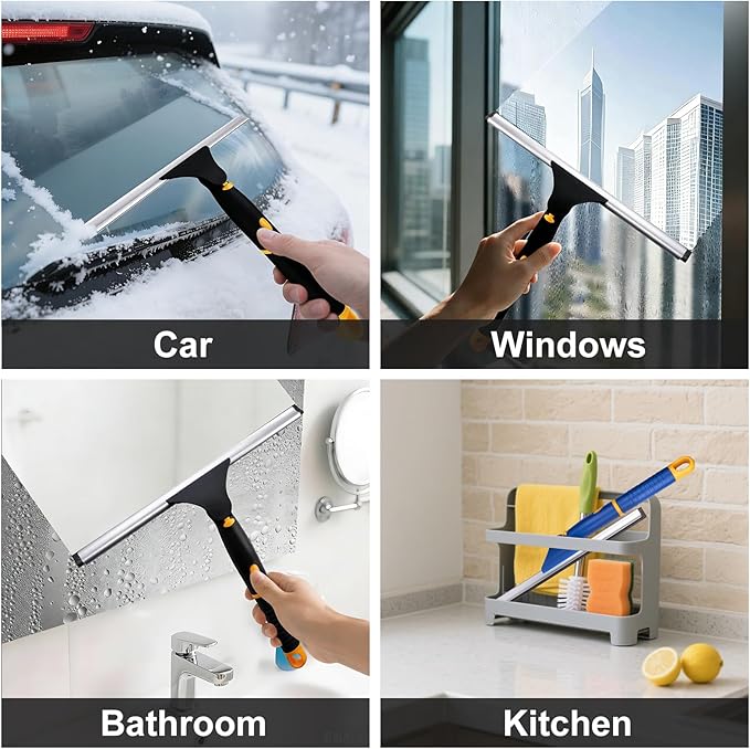 Swivel Shower Squeegee for Glass Doors, All-Purpose Anti-Slip Window Squeegee with 2 Blades, Window Cleaner Tool Bathroom Squeegee for Shower Doors, Tile Shower Walls，Mirrors,Car Windshields