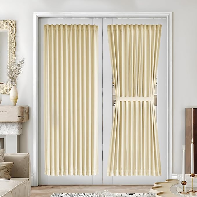 Vatge French Door Curtains - Front Door Curtain Panel with Tieback for Glass Window, Door Window Curtains for Doorways, 1 Panel, W54 x L72, Light Beige