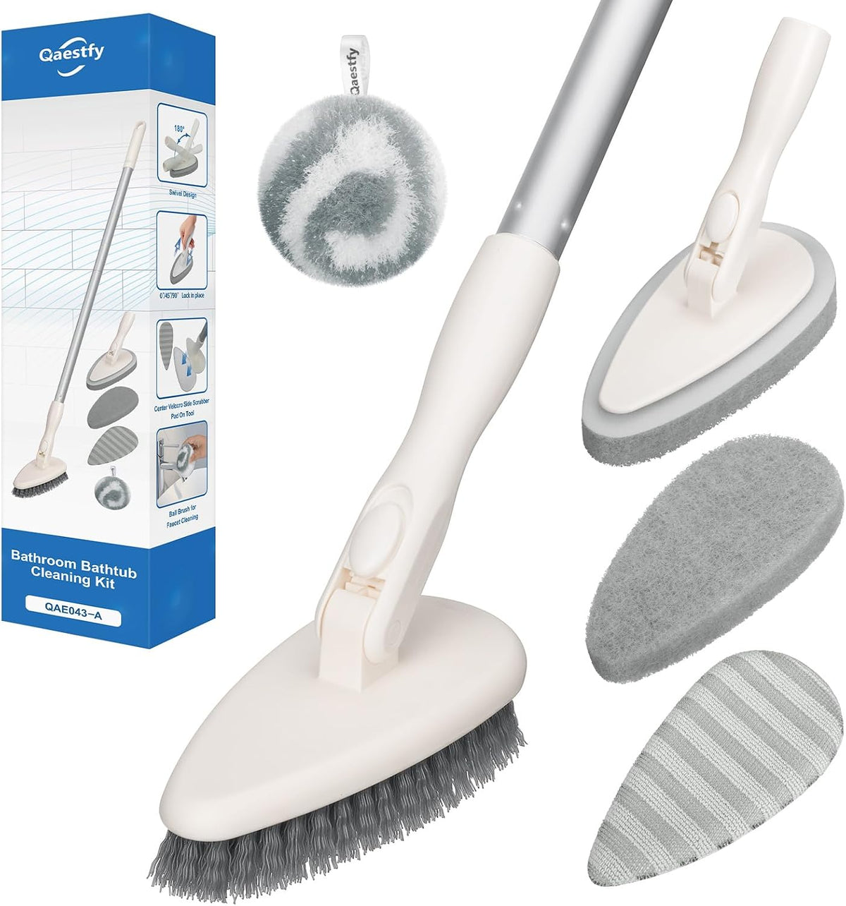 4-in-1 Tub and Tile Shower Scrubber, 51'' Bathtub Cleaning Brush with Long Handle, Soft & Stiff Bristles Bathroom Scrub Brush, Non-Scratch Shower Cleaner Brush for Cleaning