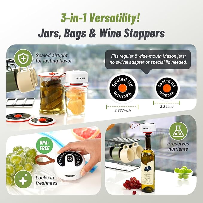 INKBIRD 3-in-1 Mini Handheld Vacuum Sealer Kit,Cordless Rechargeable Portable Food Vacuum Sealer for Storage,Freezer,Meal Prep, Reusable Lids*4 & Vacuum Bags*2