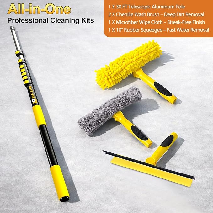36ft Squeegee Window Cleaner with Extension Pole,2 in 1 Window Cleaning Tool with 8-Stage Telescopic Pole & Rotatable Head,Window Washing Equipment for Solar Panel, RV, Indoor/Outdoor Window,Car Glass