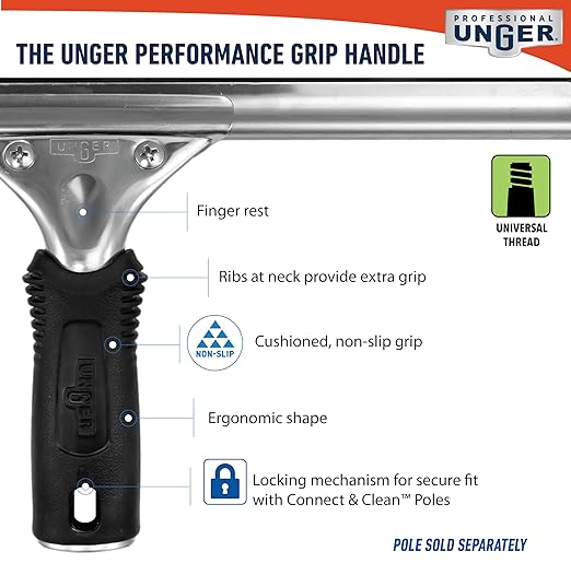 Unger Professional Connect and Clean 12” Performance Squeegee for Glass and Window Care with Replacement Rubber, Heavy Duty Cleaning Supplies with Streak-Free Results, Handheld Household Cleaner Tool