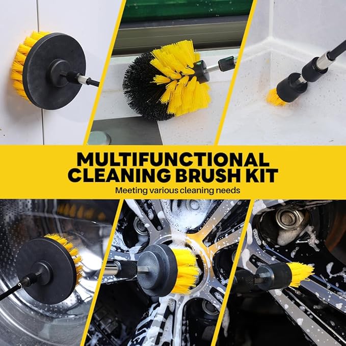6Pcs Drill Brush Cleaning Kit with Extendable Rod, Yellow Power Scrubber Attachments for Shower, Tub, Tile, Grout, Kitchen and Car (Yellow-6pcs)