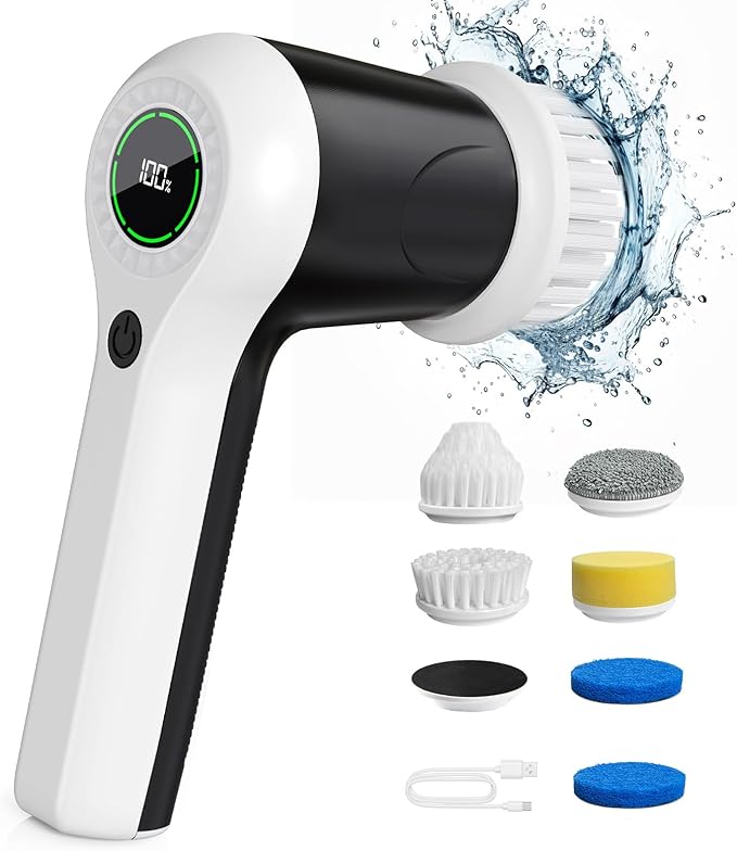 PUFTEM Electric Spin Scrubber, Cordless Shower Scrubber with Battery Level Display, 2 Speeds Electric Scrubber for Cleaning with 6 Replaceable Heads, Cleaning Brush for Bathroom/Sink/Window