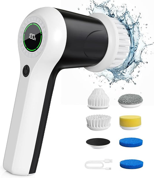 PUFTEM Electric Spin Scrubber, Cordless Shower Scrubber with Battery Level Display, 2 Speeds Electric Scrubber for Cleaning with 6 Replaceable Heads, Cleaning Brush for Bathroom/Sink/Window