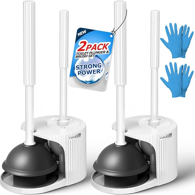 FORASTO 2Pack 2 in 1 Toilet Brush and Plunger Set, Extended Handle Plunger，Toilet Bowl Brush Plunger Set,Bathroom Cleaning Tools ，Toilet Brush Plunger Combo，Cleaning Brush，Cleaning Supplies(White)