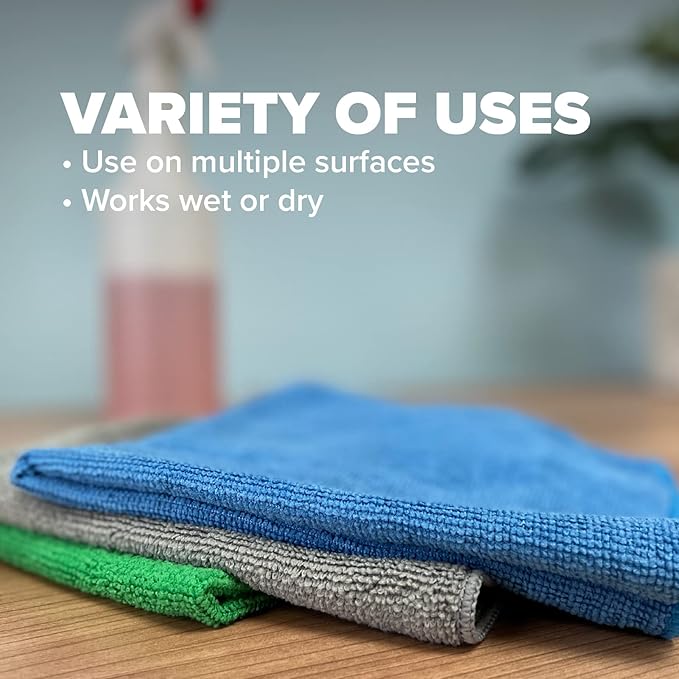Pinnacle Mercantile 12 Microfiber Cloths and 4 Spray Bottles, Extra Large 16x16in Highly Absorbent Lint Free Towels and 16oz Heavy Duty Spray Bottles for Cleaning Home Kitchen Car or Janitorial