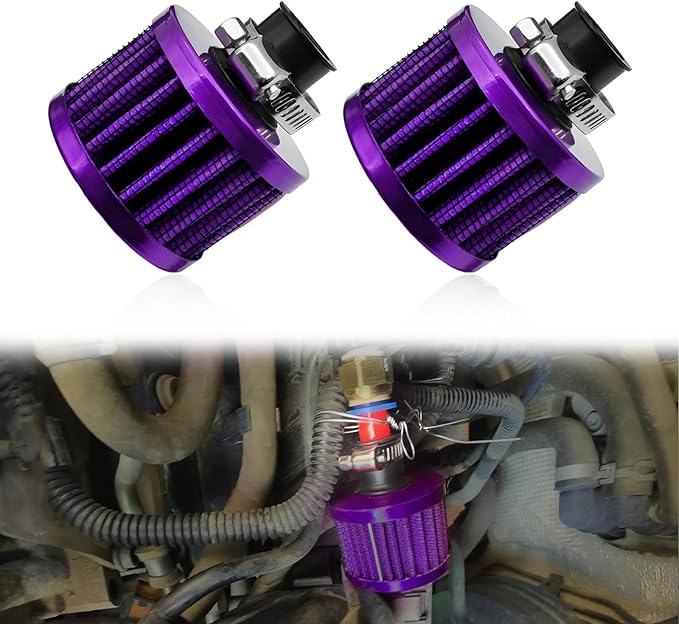 2 Pieces 12mm Universal Air Filter and Crankcase Breather Kit High Flow Cold Air Intake Filter, Turbo Vent Valve Cover Breather for Car Motorcycle Purple