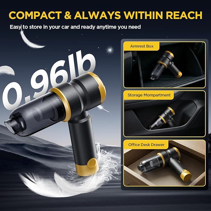 Handheld Car Vacuum Cleaner, 4-in-1 Cordless Rechargeable Mini Vacuum with Air Duster – Quickly Clean Crumbs, Pet Hair & Crevices in Car, Office, Home. Ideal for Commuters & Office Workers (Gold)