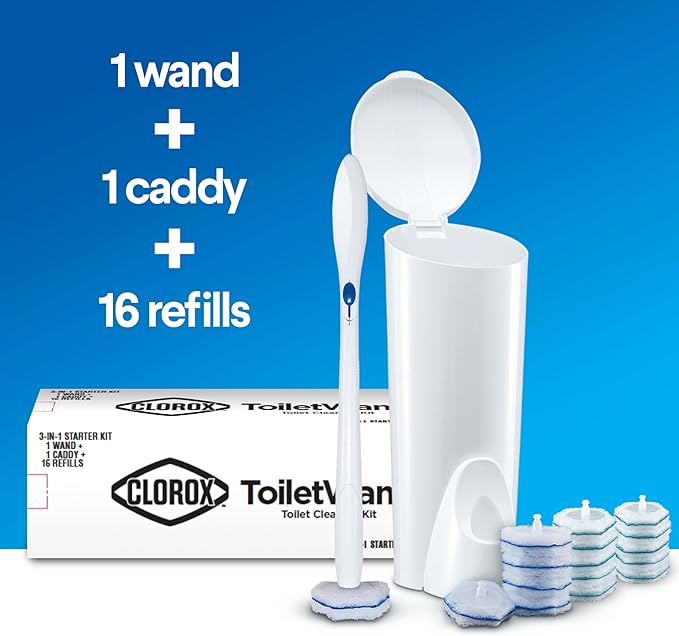 CLOROX ToiletWand Disposable Toilet Cleaning System, Spring Cleaning Essential, ToiletWand, Storage Caddy, and 16 Disinfecting-ToiletWand Scrubbing Pad Refills (Pack of 6)