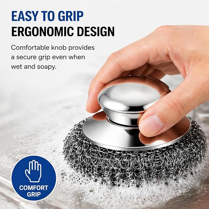 Steel Wool Scrubber, 10-Pack Stainless Steel Scrubber Pads with Handle - The Ultimate Scouring Solution for Rust, Stubborn Messes on Cookware, Grill, Oven & Kitchen Sinks