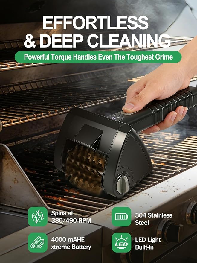 Electric Grill Brush, Cordless Rechargeable BBQ Cleaner with 4000mAh Battery, 2-Speed, LED Light, 304 Stainless Steel Removable Brush Head, Grill Clean Tool for Outdoor Grill