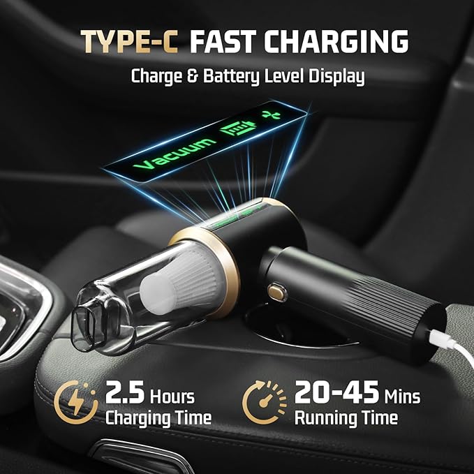 Cordless Car Vacuum Cleaner: Handheld Vacuum with 16000Pa Strong Suction, Brushless Motor & HEPA Filter, 7-in-1 Cleaning Kit, Type-C Charging for Home Office Car Pet - Cinder