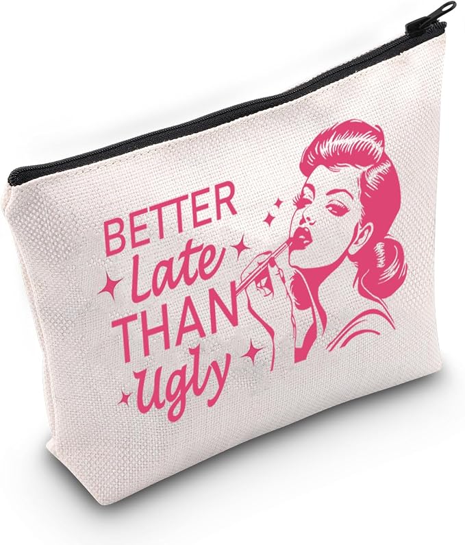 JXGZSO Funny Quote Cosmetic Bag Cool Girl Gift Better Late Than Ugly Make Up Bag Irish Gifts For Women Quirky Art Gift