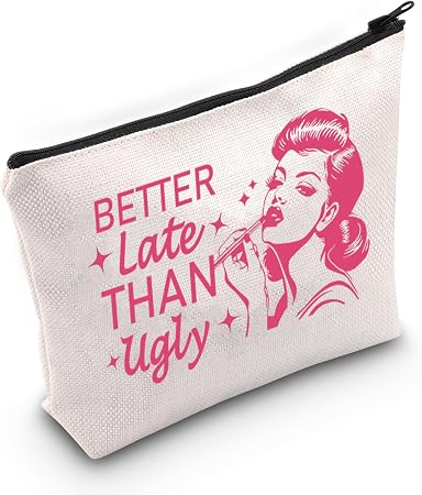 JXGZSO Funny Quote Cosmetic Bag Cool Girl Gift Better Late Than Ugly Make Up Bag Irish Gifts For Women Quirky Art Gift