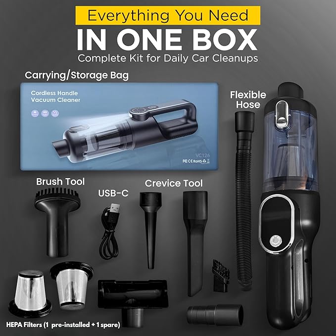 Car Vacuum Portable Cordless, 4-in-1 Mini Car Vacuum with 19500pa Suction & Air Duster, USB-C Charging, Smart Digital Display, Handheld Vacuum with LED Light, Multi Nozzles for Car, Home, Office, Pet