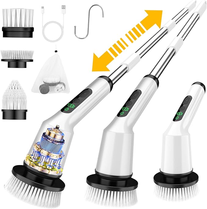 Shower Scrubber with Long Handle, Electric Spin Scrubber for Cleaning Bathroom, Cordless Cleaning Brush with IPX7 Waterproof & 2 Speed, Cleaning Supplies for Shower Tub Kitchen Tile Toilet
