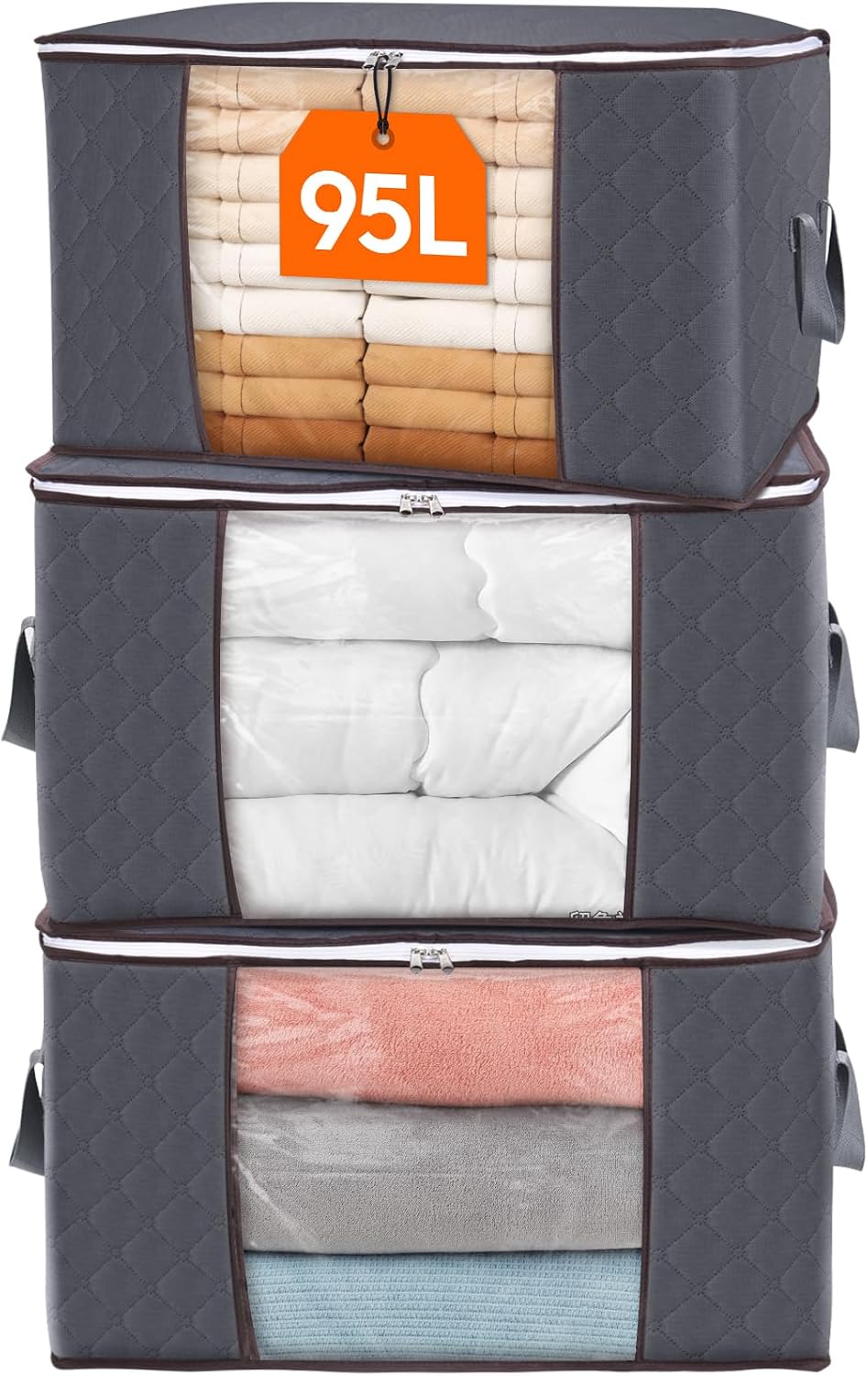 3 Pack 90L Clothes Storage Bins with Lids, Foldable Blanket Storage Bags with Zippers, Clear Window and Reinforced Handles, Closet and Organization for Clothing, Sweater, Comforter, Bedding