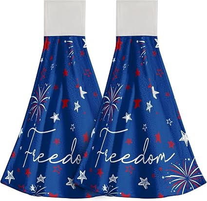 4Th July Hanging Tie Towels Set of 2,Freedom American Stars Independence Day Absorbent Hand Towel Soft Microfiber Kitche