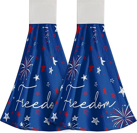 4Th July Hanging Tie Towels Set of 2,Freedom American Stars Independence Day Absorbent Hand Towel Soft Microfiber Kitche