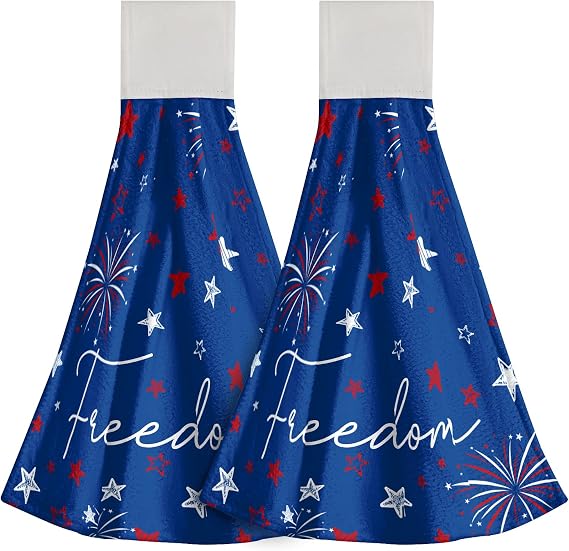 4Th July Hanging Tie Towels Set of 2,Freedom American Stars Independence Day Absorbent Hand Towel Soft Microfiber Kitche