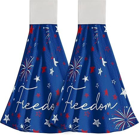 4Th July Hanging Tie Towels Set of 2,Freedom American Stars Independence Day Absorbent Hand Towel Soft Microfiber Kitche