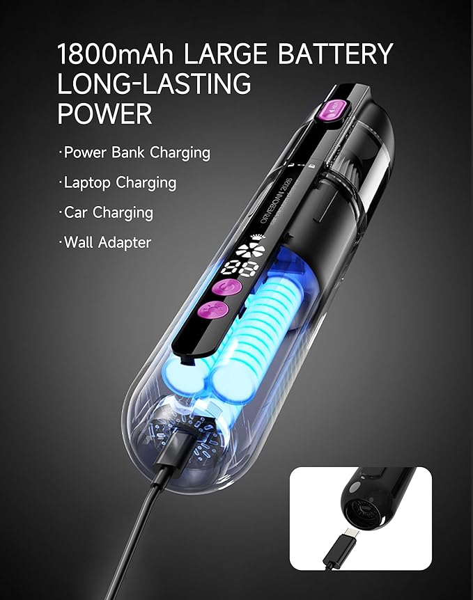 Handheld Car Vacuum Cleaner 15000Pa, Portable Cordless Mini Vacuum Blower 3 in 1, LED Display, Type C Rechargeable, Small Vacuum for Car Interior, Home, Desk Cleaning (Matte Black)