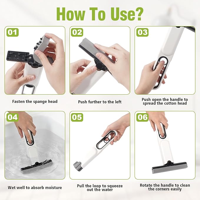 Mini Sponge Mop Self Wringing, Foldable Desktop Mop with Upgraded Handle + 2 Refill Heads, Compact Hand Mop for Countertop, Bathroom, Car Glass, Quick Wet & Dry Cleanup