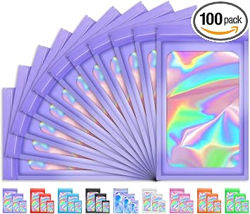 100PCS Resealable Holographic Bags, Jewelry Bags|Purple,5.5x7.9in