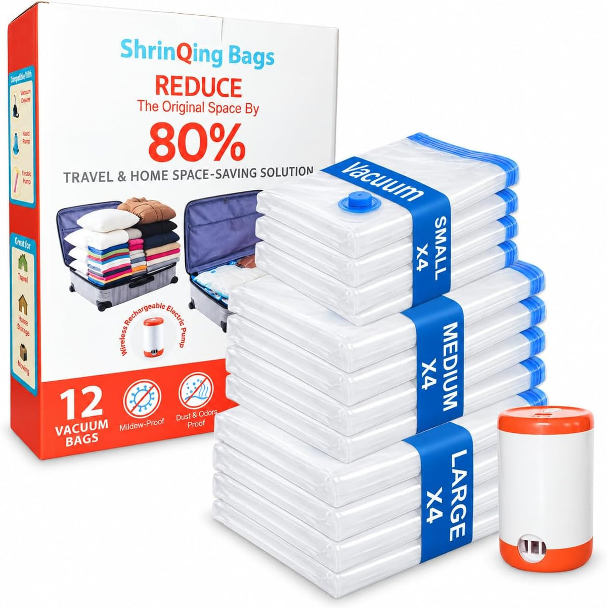 ShrinQing 12PCS Vacuum Storage Bags - with Rechargeable Electric Pump – Compression Vacuum Seal Bags for Travel, Luggage & Closet Organization – Space Saver Bags Set, 3 Sizes – Airtight, Reusable