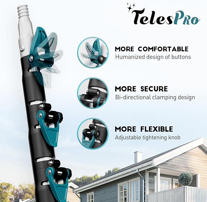 TelesPro 36 Feet High Reach Window Squeegee with 7-30 Ft Extension Pole, Window Cleaner Tool with 5-Stage Telescoping Pole, Window Cleaning Kit with Rotatable Head (2 Squeegee & 2 Microfibre Cloths)