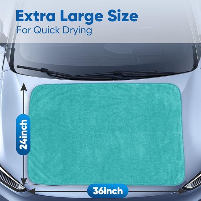 HOMEXCEL Professional Car Drying Towel (36"x 24") with Twisted-Loop Technology, 1200GSM for a Streak-Free Finish – Microfiber Towels for Cars, Trucks, SUVs, RVs and Motorcycles, Lake Green