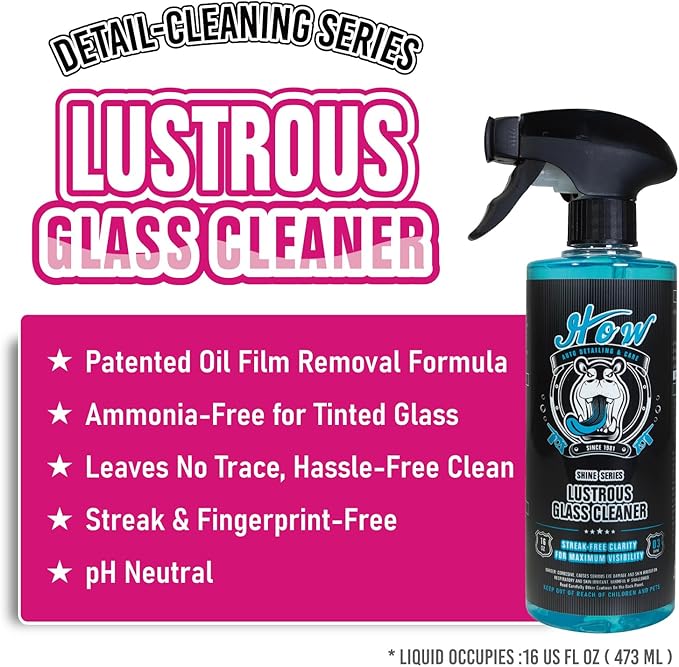 H.O.W SHINE SERIES Lustrous Glass Cleaner｜Streak-Free Window Washer Spray｜Tint-Safe & Ammonia-Free｜Windshield Wiper Fluid & Oil Film Remover｜For Car Windows, Shower Doors, Mirrors, and More (16 oz)