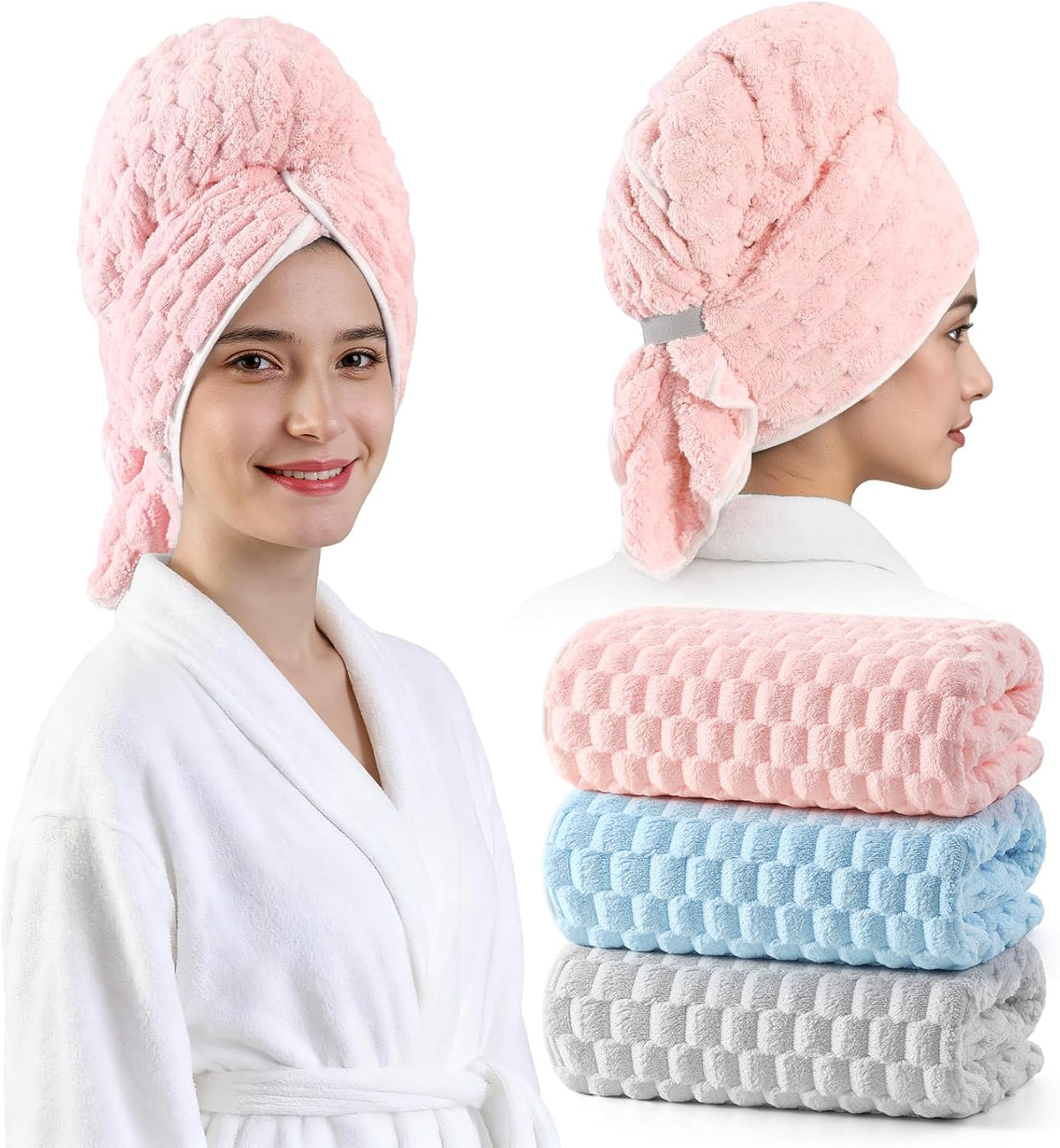 3 Pack Microfiber Hair Towels - Extra Large Hair Towel Wrap for Women, 24x42 inch Hair Towels with Elastic Strap, Super Soft Hair Drying Towels for Long, Thick, Curly Anti Frizz Turbans
