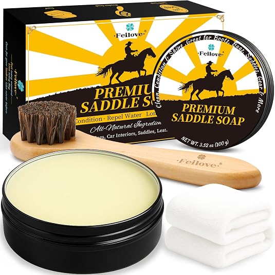 Feilove Saddle Soap for Leather – All-Natural 3-in-1 Leather Cleaner & Conditioner Kit with Horsehair Brush & Cloth – Fo
