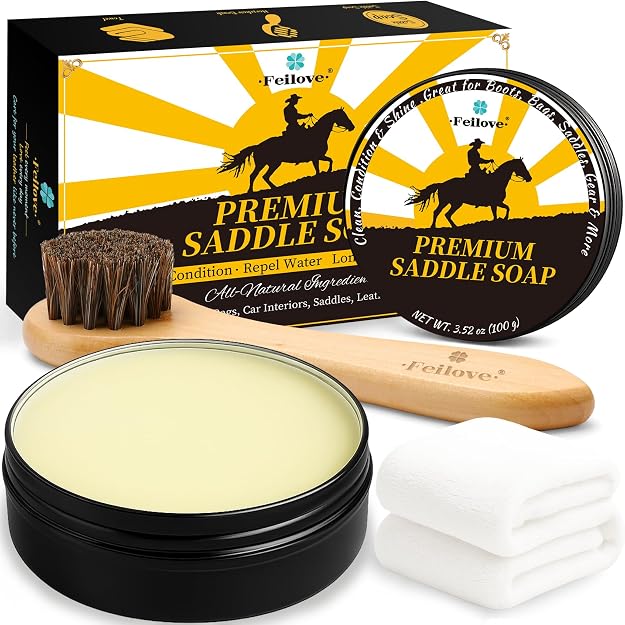 Feilove Saddle Soap for Leather – All-Natural 3-in-1 Leather Cleaner & Conditioner Kit with Horsehair Brush & Cloth – Fo