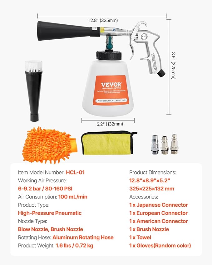VEVOR Car Cleaning Gun, 6-9.2 Bar High-Pressure Air Blow Gun with 2 Set Nozzles & 1L Liquid Bottle, Vortex Cleaning Gun, Quickly Blasts Dirt and Dust from Surface, Suitable for 1/4 NPT Air Compressor