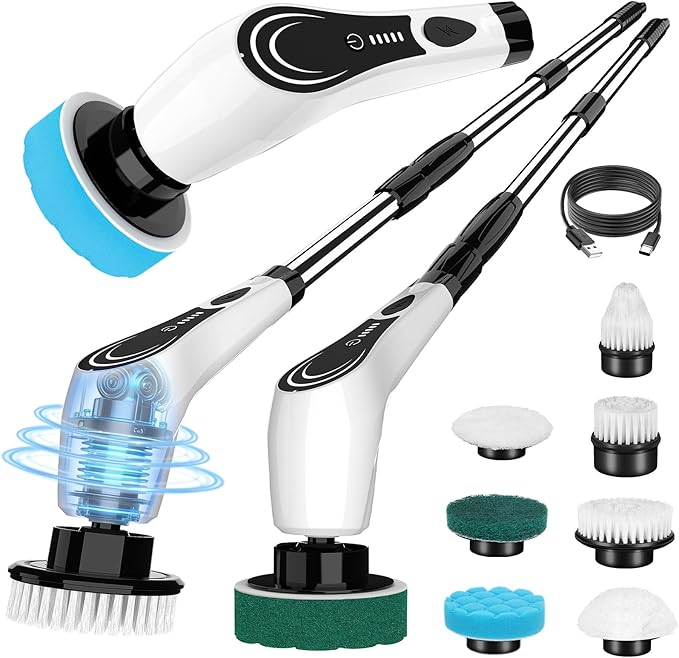 Electric Spin Scrubber, Cordless Floor Scrubber Machine with 7 Cleaning Pads & Telescopic Handle, Bathroom Scrubber for Cleaning Tile Grout Tub Shower Floor Window Carpet, White-rx2...
