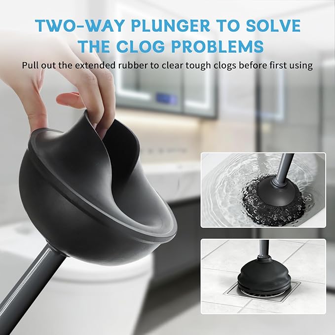 Sellemer Toilet Brush and Plunger Set, Curved Design Head Toilet Bowl Brush for Deep Cleaning, Heavy Duty Plunger for Bathroom, Grey, 1 Pack
