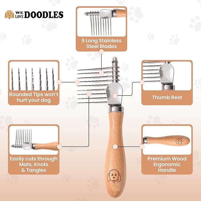 We Love Doodles Dog Dematting Brush & Rake, Detangler Brush for Dogs, Comb Tool for Grooming, Best for Doodles, Poodles, Goldendoodles, Cats & Other Pets, Matted Fur Removal On Undercoat, Small