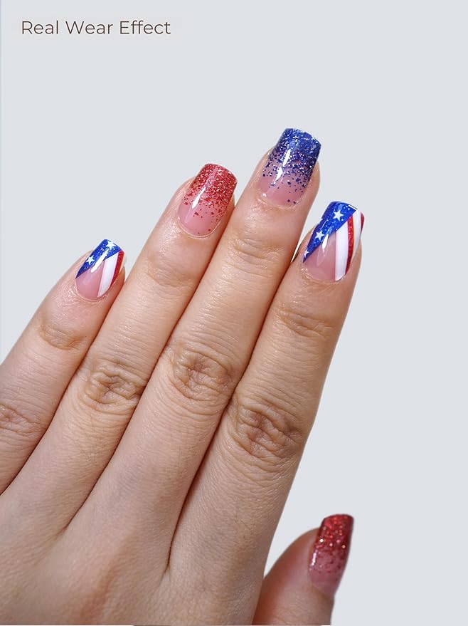 Nail Polish Strips, 32PCS Salon Quality Wraps, Long Lasting Gel Nail Stickers for Women Easy Apply& Remove (Red White and Blue)