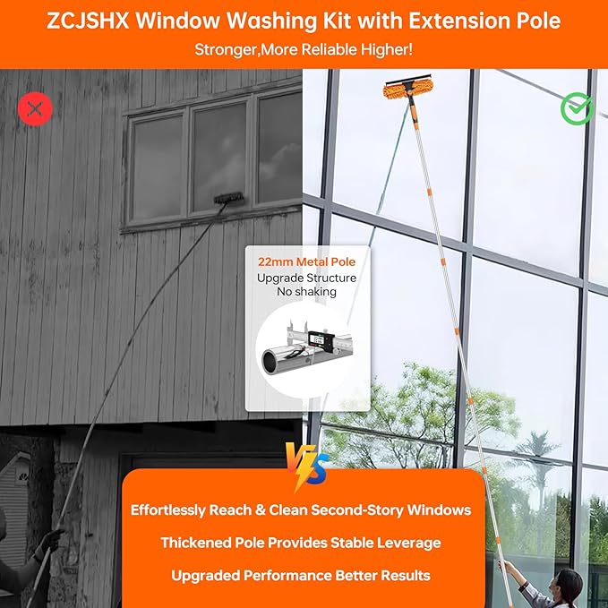 Window Cleaning Tools Window Squeegee: 2 in 1 Double-Sided Professional Cleaner Window Washing Kit with Extension Pole 20+ Ft Duster for High Ceilings Microfiber Scrubber for Indoor Outdoor High Glass