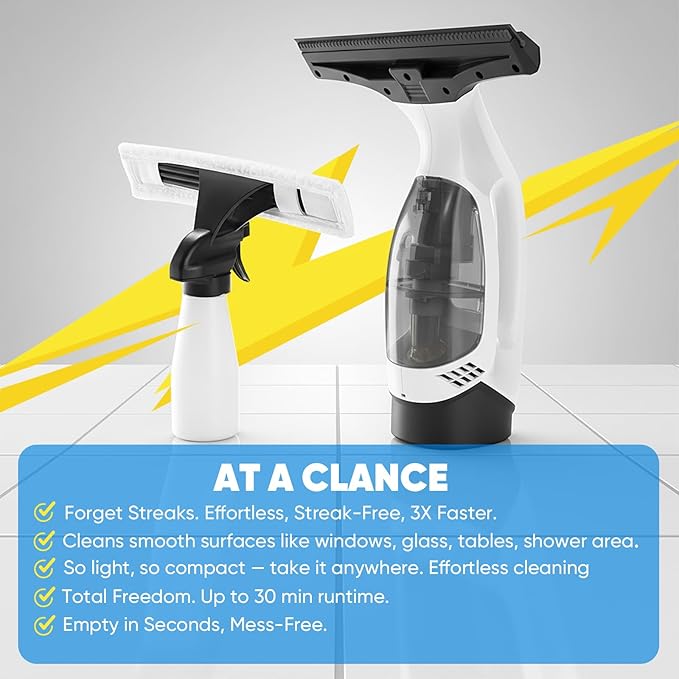 Cordless Window Vacuum Squeegee with Detachable Water Tank, 2000Pa Strong Suction, Rechargeable Glass Cleaner for Windows, Shower, Mirror & Tiles, Lightweight 2-in-1 Wiper with Microfiber Pad