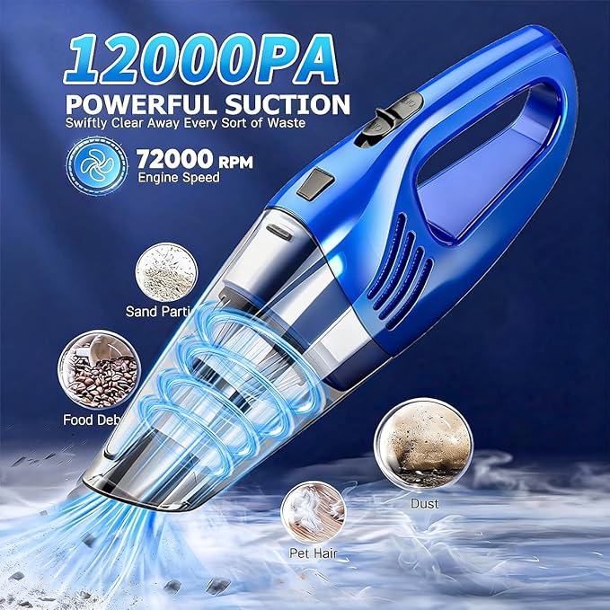 Car Vacuum Portable Cordless – 12000PA Strong Suction, Lightweight & Rechargeable – Includes Multi-Nozzle Attachments for Car, Home, Office, and Pet Hair – Compact & Powerful Azure Vacuum