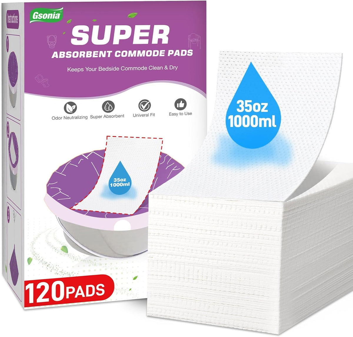 Commode Absorbent Pads 120 Pack for Bedside Commode Liners, Disposable Pads with Super Absorbent Gel, Leakproof No Splash, Odor Lock for Portable Toilet, Bedpan & Elderly Care