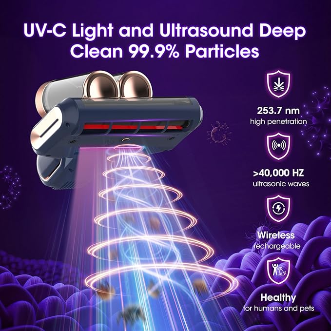 Bed Mattress Vacuum Cleaner Cordless 16Kpa Handheld Vacuum, Vacuum Cleaner with 253.7nm UV-C Light,HEPA Filter & Ultrasonic, Portable Vacuums for Sofa Couch Crib Birthday Gifts for women blue+gold