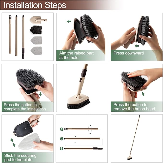 Eyliden Shower Scrubber with Long Handle, Tub and Floor Scrub Brush for Bathroom, Tile, Bathtub, Grout, Sink, 2 Type Cleaning Heads - 1 Stiff Bristle & 2 Non-Scratch Pads, 180° Swivel Head