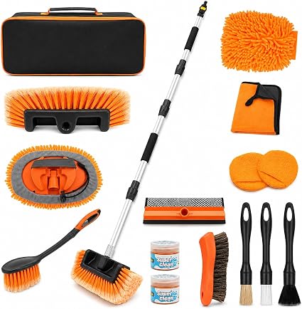 70" Car Wash Brush with Long Handle, 12-Inch Flow-Thru Soft Bristle Car Washing Brush, Wheel Brush, Microfiber Cleaning 